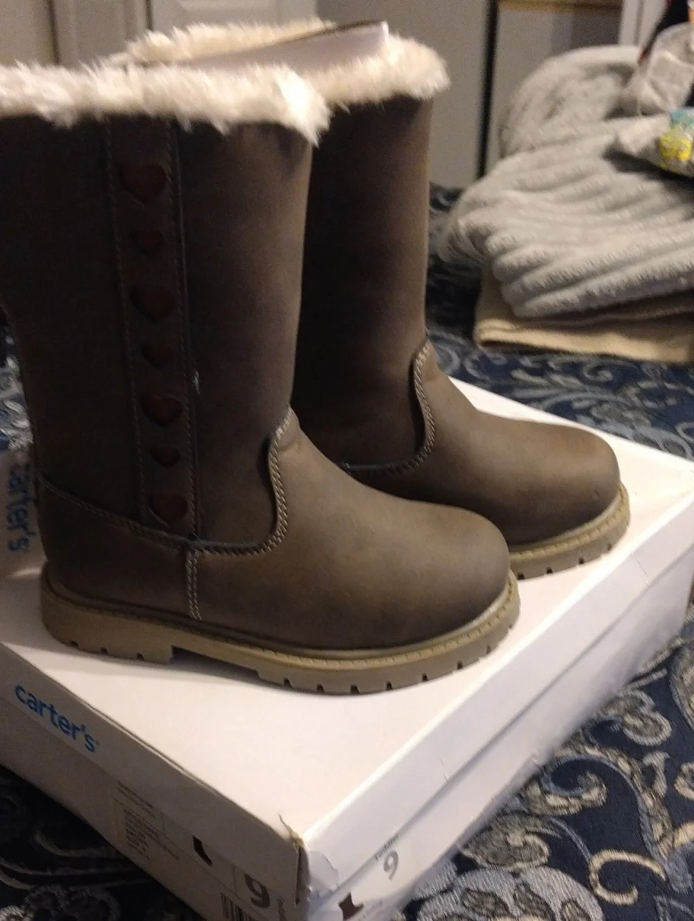 Carter's Taupe Girls Faux-Fur Tall Winter Boots with Heart Trim